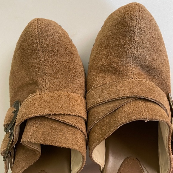 Clogs Wooden Buckle Heel Studded Suede Leather Women’s 9.5 Camel Tan Brown - Picture 4 of 10